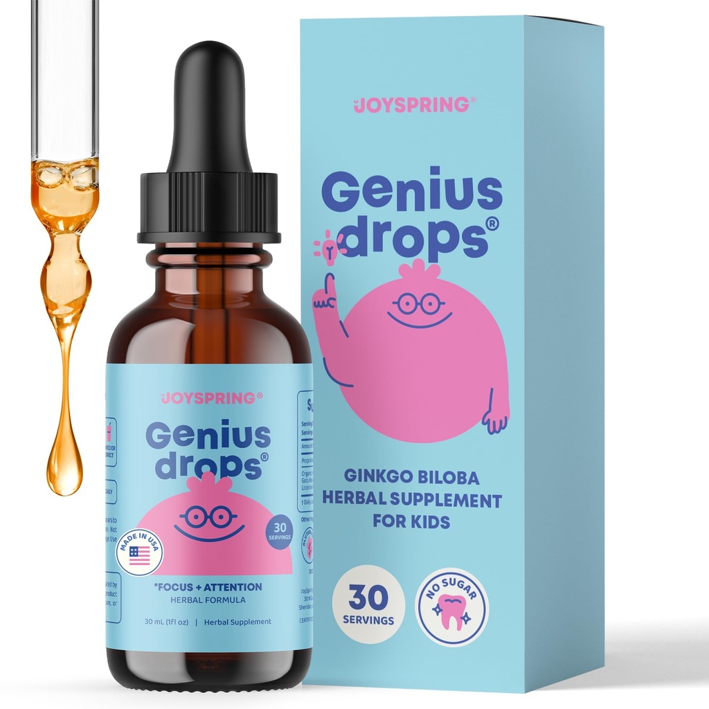 JoySpring Genius tilgad lastele | Kliiniliselt tõestatud Fookuse täiendus | Vedelad taimsed fookuslisandid Ginkgo Biloba lastele (1 fl oz) 30 Servings