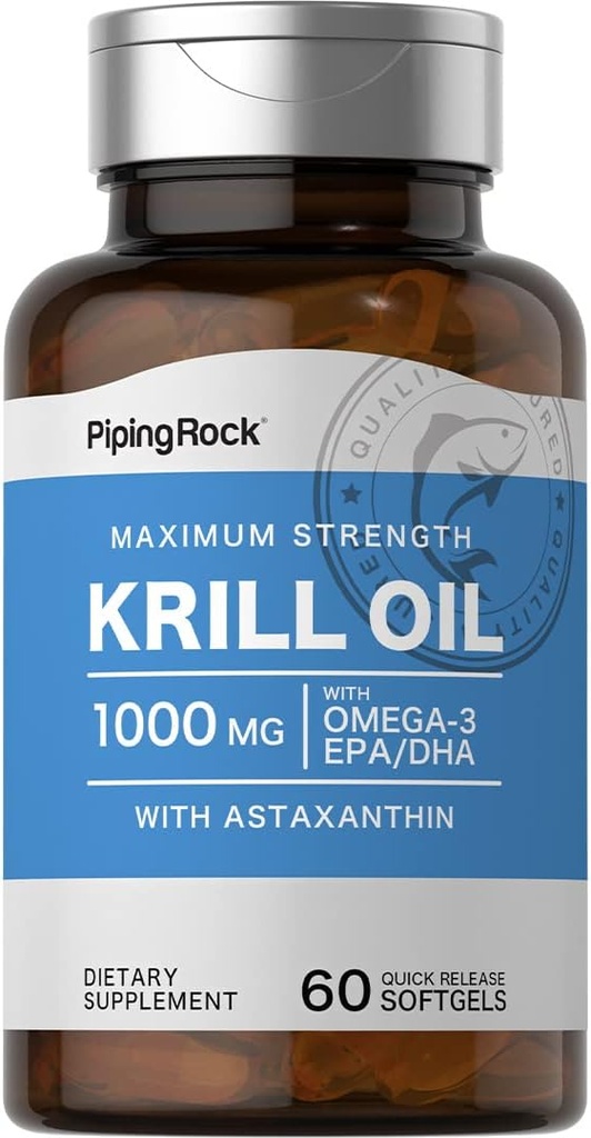 Piping Rock Krill Oil 1000 mg Softgels | 60 Count | koos Omega 3, EPA, DHA | Non-GMO, Gluteenivaba