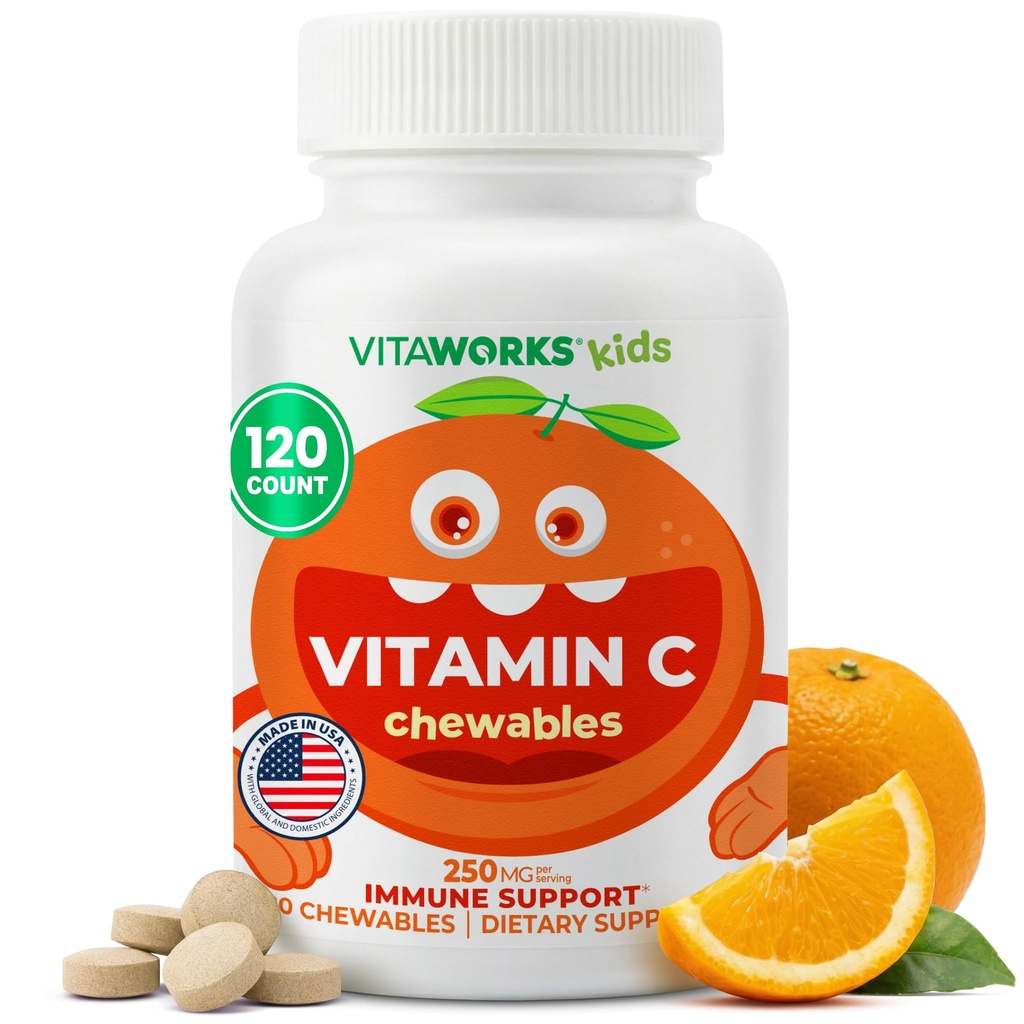 Lapsed C-vitamiini närimistabletid 250mg - vegan, GMO-vaba, gluteenivaba, pähklivabad vitamiinid - toidulisand immuunsüsteemi toetamiseks - lastele - 120 närimistabletti