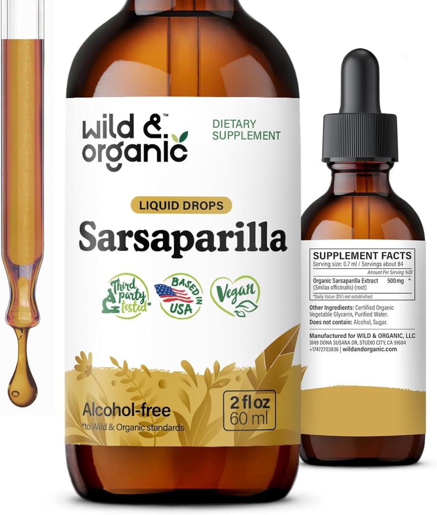 Wild & Organic Sarsaparilla Juuretilgad - Detox Cleanse tilgad - Sarsaparilla pulbripõhine tinktuur - Vegan, suhkur ja alkoholivaba vedelik täiendus - 2 fl oz