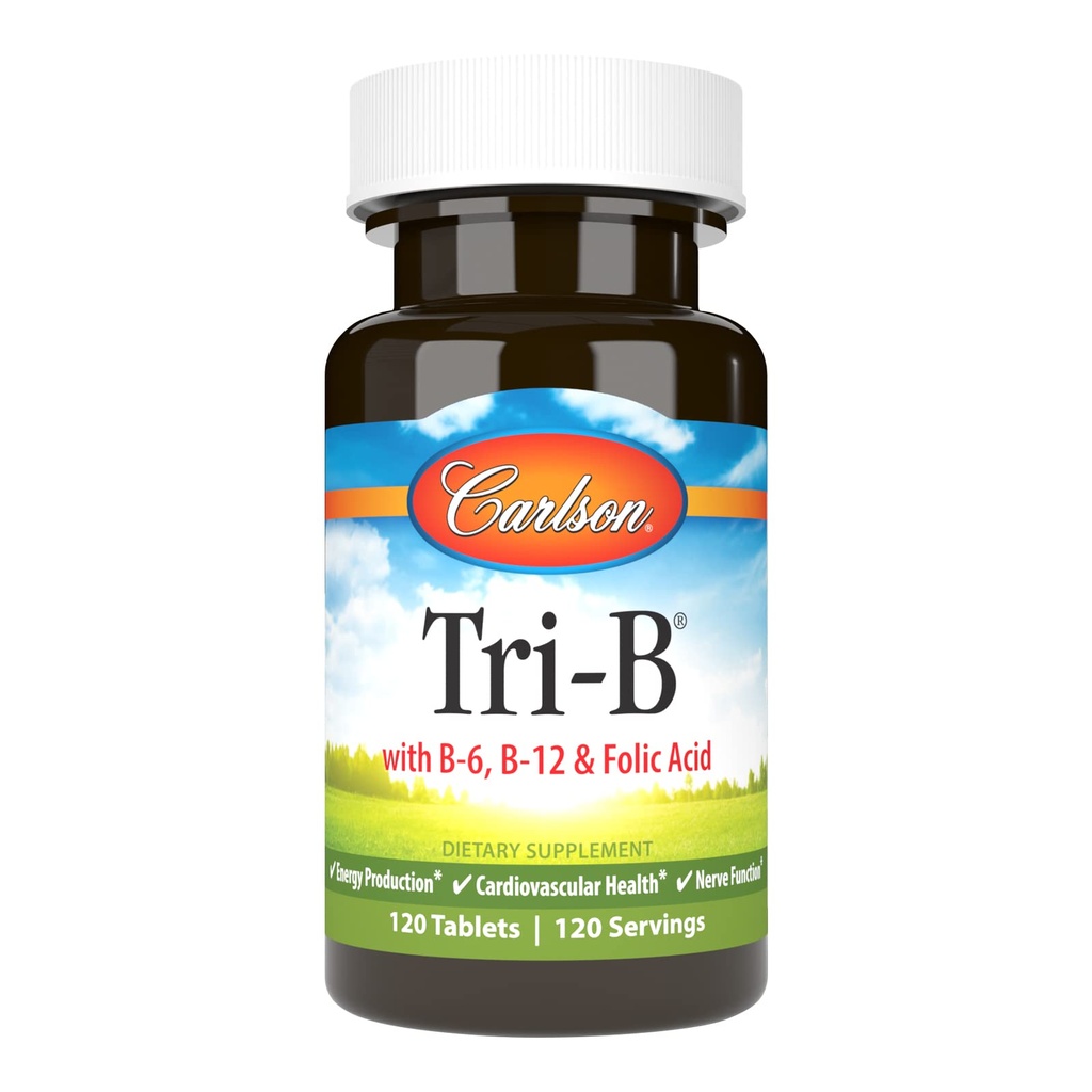 Carlson - Tri-B, vitamiin B kompleks, 25 mg vitamiin B-6, 400 mcg vitamiin B-12, foolhappe energia pillid, südame-veresoonkonna tervise edendamine, B kompleksvitamiinid, B12 täiendus, B-vitamiini kompleks, 120 tabletti