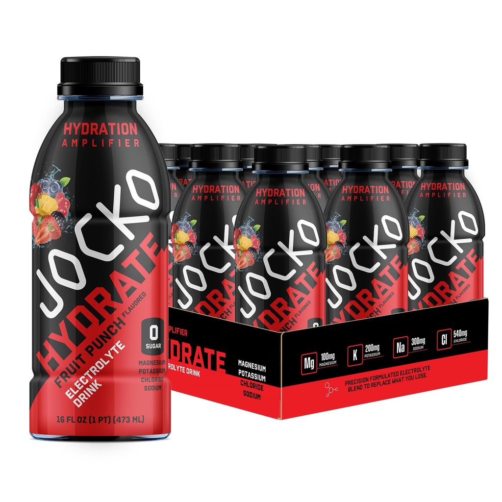 Jocko kütuse hüdraat elektrolüütjoogid - spordijoogi hüdratsioonivõimendi, Thirst Quencher - teaduslikult formuleeritud elektrolüütsegu puuviljasegu Punch Flavor 16 Oz (12 Pack)