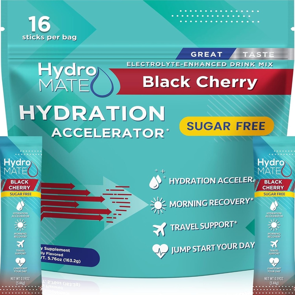 Elektrolüütpulber Suhkruvaba hüdratatsiooni pakendid Black Cherry HydroMATE 16 pulgad