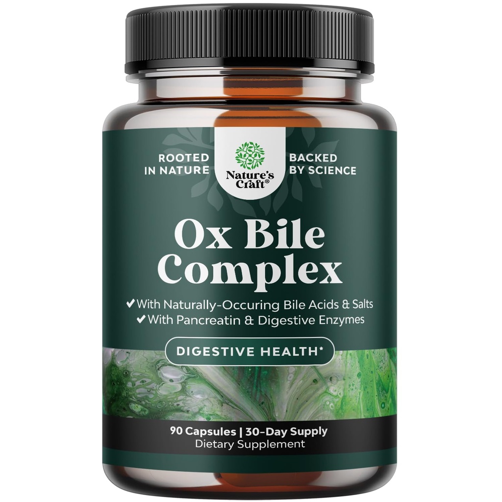 Seedetrakti ensüümid Ox Bile - Ox Bile Supplements for No Gallbladder koos trüpsiini, Papain & Bromelain Enzyme for Pancrease Cleanse & Detox - Pankreatin Seedeensüümid naistele ja meestele - 90 Ct
