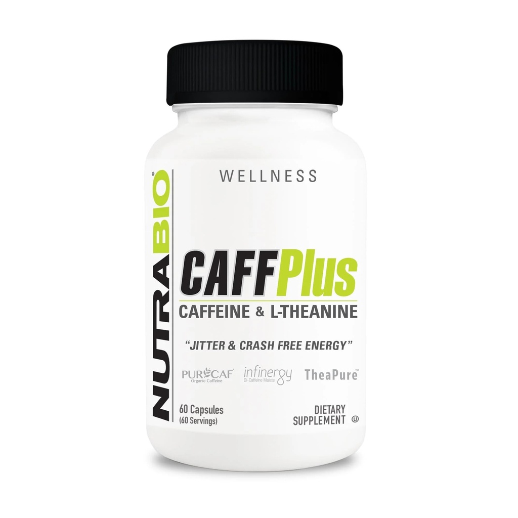 NutraBio CaffPlus, kahe lähtekoodiga kofeiin Theanine'iga tervisliku energia suurendamiseks - 60 köögiviljakapslit
