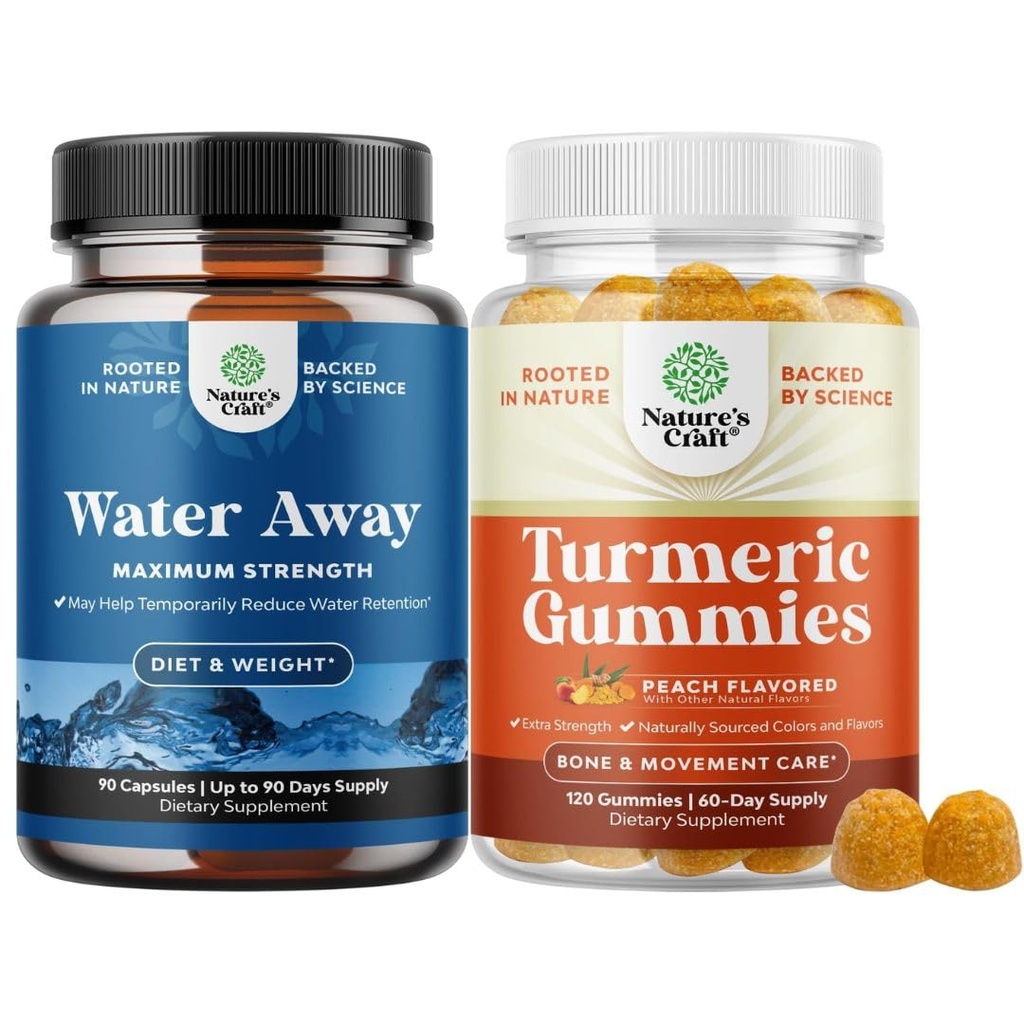 Bundle of Water Away Fluid Retention with Dandelion Leaf Extract & Green Tea for Bloating Relief and Kurmeric Gummies for Adult Peach Flavor - Kurkumiini Black Pepper Extract ja Ingver