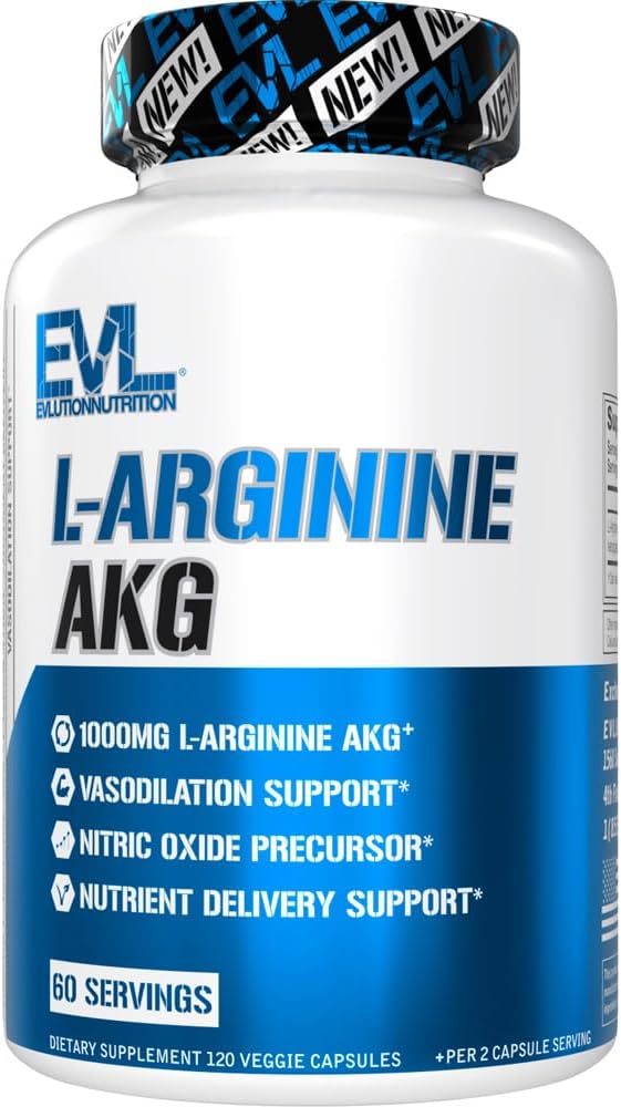 Evlution L-arginiin AKG - vasodilatatsioon ja toitainete kohaletoimetamise tugi - lämmastikoksiidi lähteaine - 1000mg L-arginiin AKG - Gluteenivaba & mitte-GMO - toidulisand - 60 serveerimist - 120 Veggie kapslit