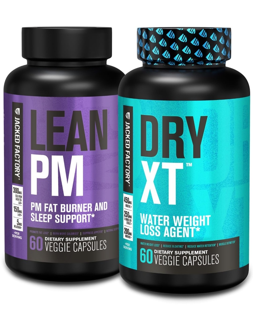 Jacked Factory Lean PM Night Time Fat Burner, Sleep Aid Supplement, & Appetite Supressant (60 kapslit) & Kuiv-XT Vee kaalulangus Diurektilised pillid (60 kapslit)