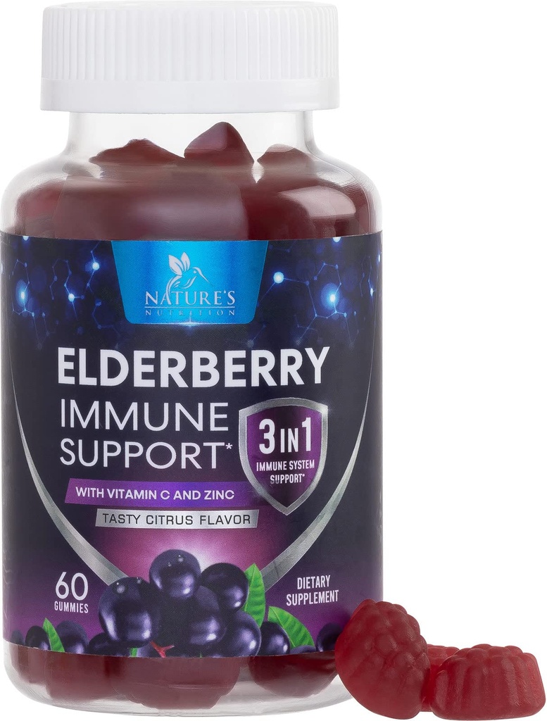 Elderberry Gummies koos vitamiin C, D3 ja tsink - Immune Support Gummy lastele ja täiskasvanutele, Black Elderberry Extract Gummy Immune Health Support Supplement, Black Elder Berry Vitamiin - 60 Gummies