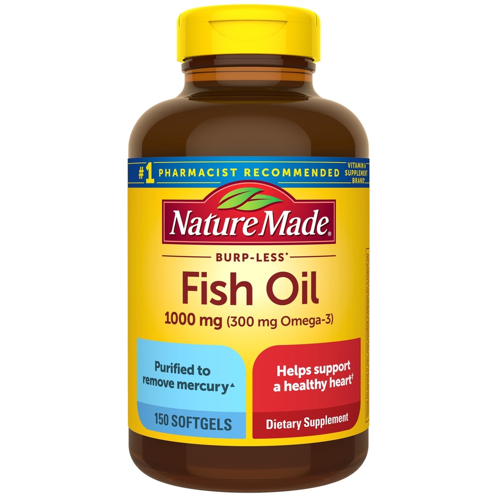 Loodus Made Burp Vähem kalaõli Omega 3 toidulisandeid, 1000mg Softgels, Omega 3 Kalaõli täiendused tervisliku südame toetamiseks, 150 Softgels, 75 päeva pakkumine