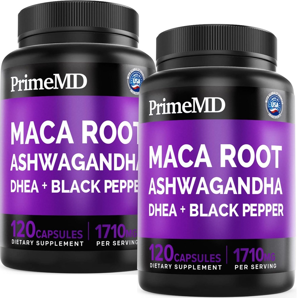 6-in-1 Organic Maca Root Ashwagandha Capsules 1710mg with DHEA and Black Pepper Fruit Extract for Women and Men - Black Maca Supplement for Stamina, Bone and Mood Support Supplement, 120ct (Pack of 2)