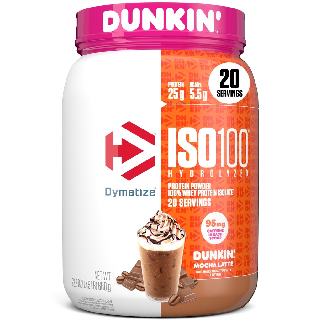 Dümatiseerida x Dunkin' Mocha Latte ISO100 vadakuvalgu pulber, 95mg kofeiini, 25g valku, 5,5g BCAA-d, 120 Cal., Gluteenivaba, 1g Rasva, 1g suhkur, 3g Carb (20 Servings)