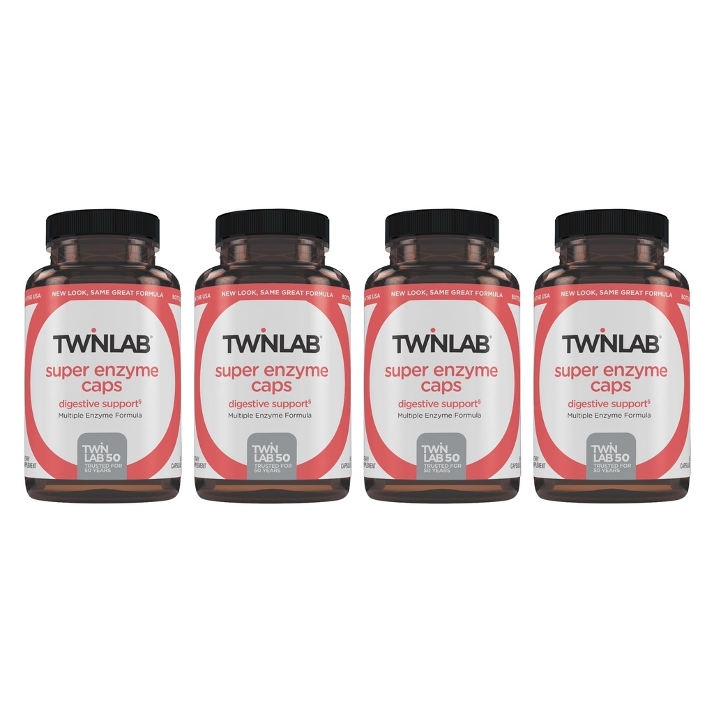 Twinlab Super Enzyme Caps - Kõhukinnisuse täiendamine seedeensüümidega - 50 kapslit (pakk 4)