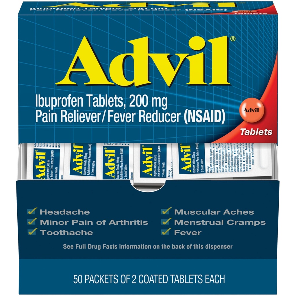 Advil valu leevendaja ja palaviku vähendaja, valu leevendav ravim ibuprofeeniga 200 mg peavalu, seljavalu, menstruaalvalu ja liigesevalu leevendamiseks - 50x2 kaetud tabletti