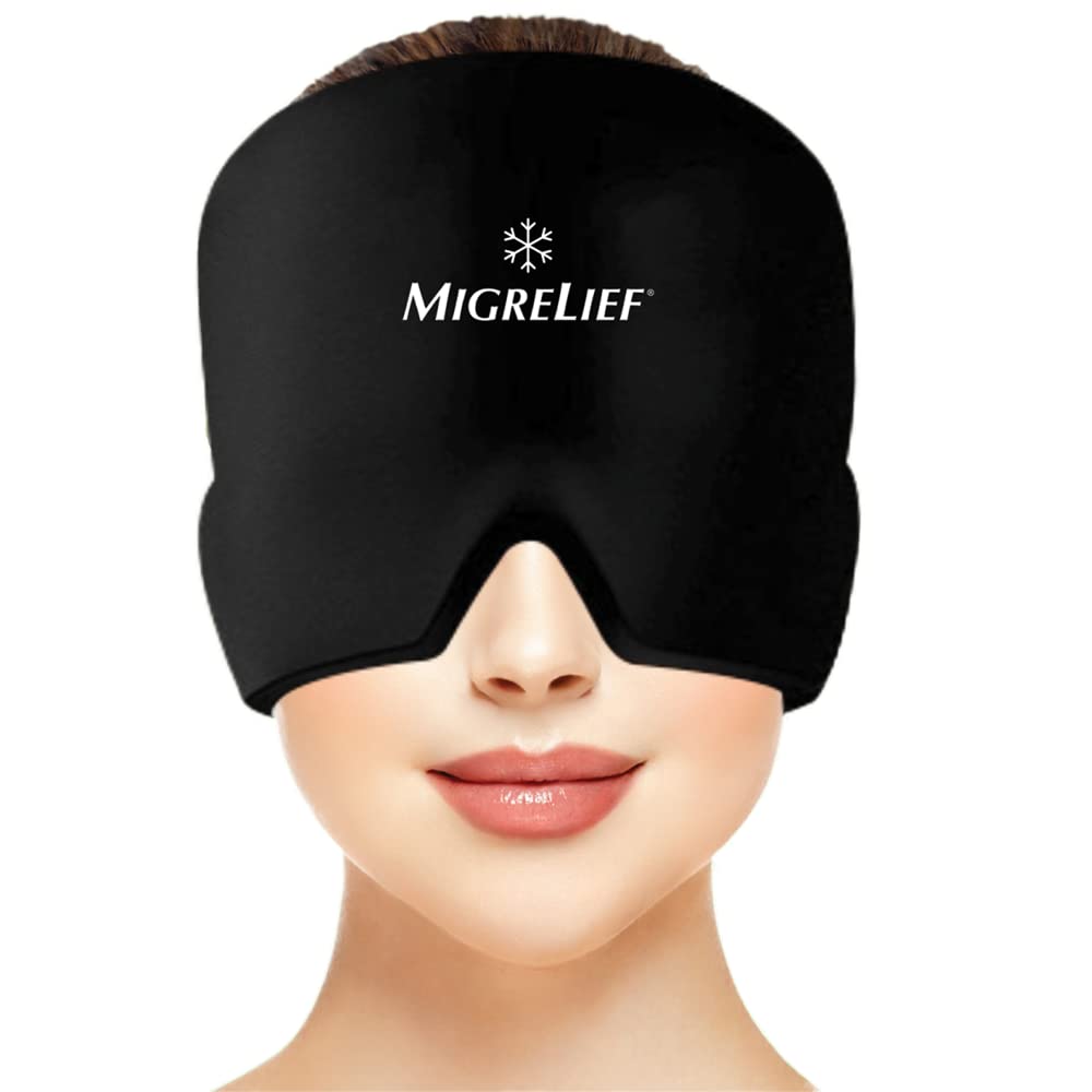 Migrelief Migreen Relief Cap - Ice Cap migreeni ja peavalu 360 kraadi pea ja silma kattega - Külma ravi peavalu müts ja migreeni mask loodusliku valu leevendamiseks - üks suurus, must