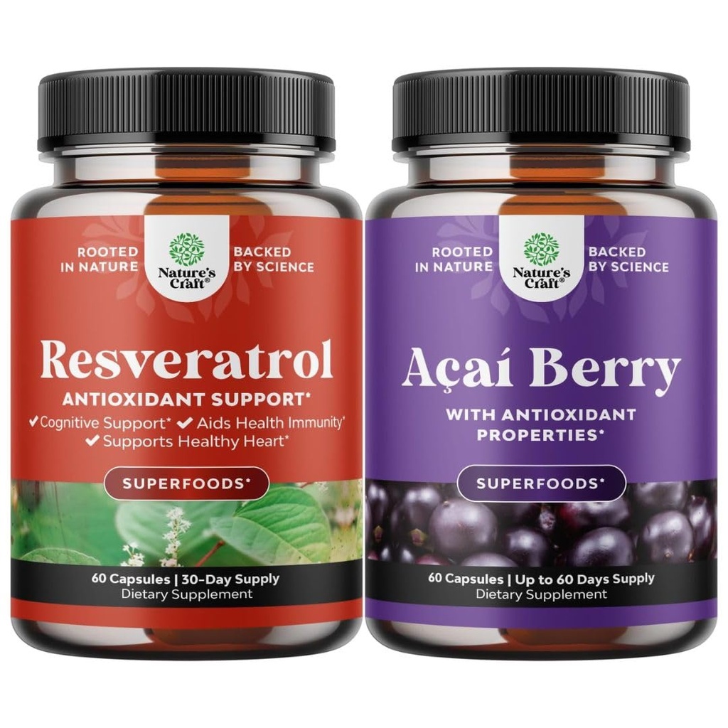 Bundle Resveratrooli kapslid koos AMPK Metaboolne aktivaator Metabolism Boost & Cellular Efficiency ja Acai Berry Antioksüdandid Naiste ja meeste immuunsüsteemi ja kognitiivse tervise