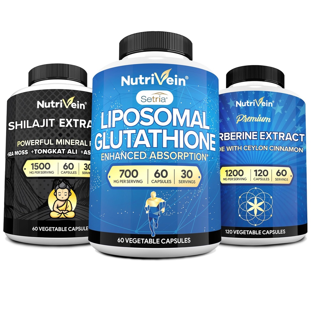 Nutrivein Premium Shilajit kapslid, Liposomal Glutatiooni lisand, & Berberine Supplement Bundle: Berberine, Glutatioon, & Shilajit kapslid meestele ja naistele - Metabolism, Vitality & Balance
