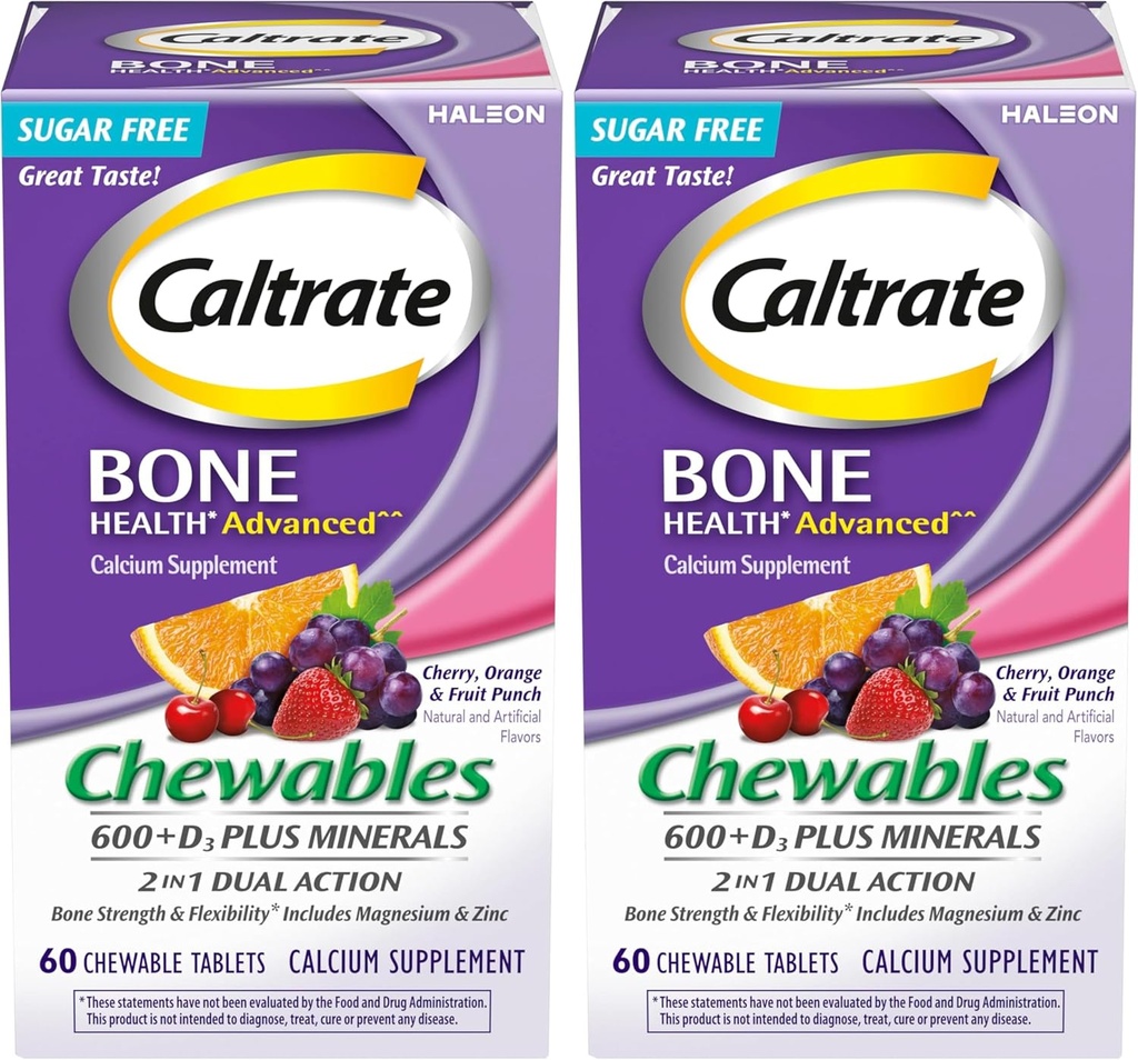 Caltrate närimistables 600 Plus D3 Plus Mineraalid Kaltsium D-vitamiini lisand, kirss, apelsin ja puuviljapunch - 60 loend (pakk 2)
