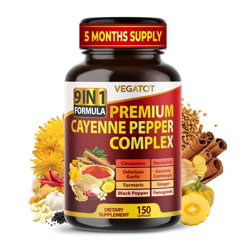 Orgaaniline Cayenne Pepper 9IN1 kompleks kaneeli, ingveri, kurkumi üldise tervise, immuunsüsteemi, seedimise tervisega (150 loend (pakk 1))