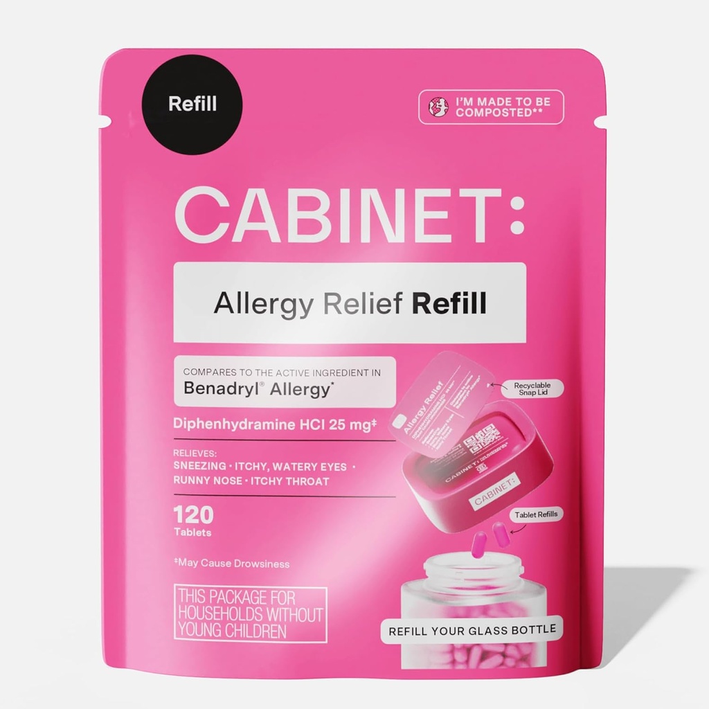 Kabinet: Difenhüdramiin 25mg Allergia leevendamiseks Antihistamiini tabletid allergiate, heinapalaviku ja runny nina, 120 tabletti (täita kott)