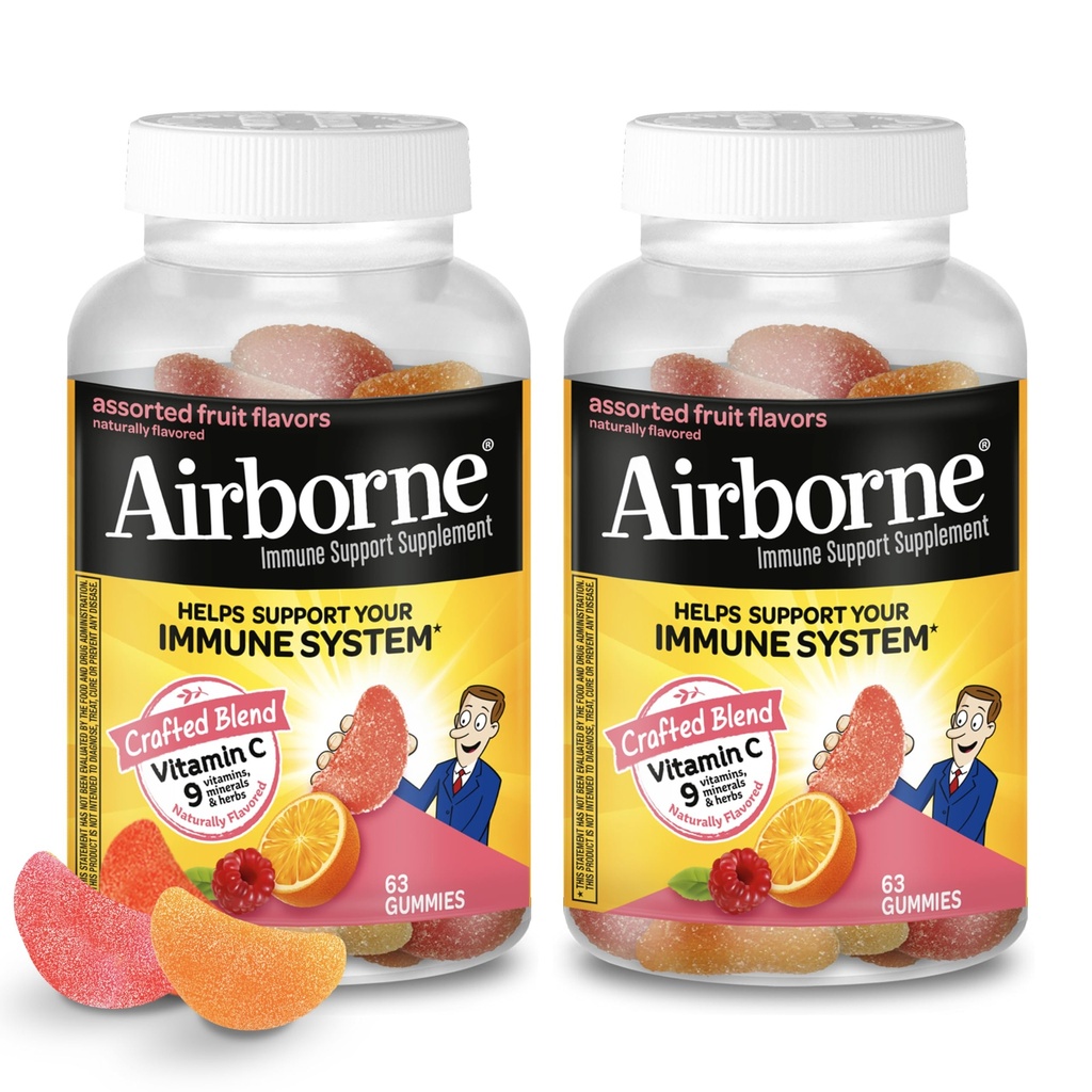 Õhus 750mg C-vitamiini kummid täiskasvanutele, immuunsüsteemi tugikummid võimsate antioksüdantidega VIT C & E, kofeiinivaba - 2x63ct pudel (42 serveerimist), sorteeritud puuviljamaitse