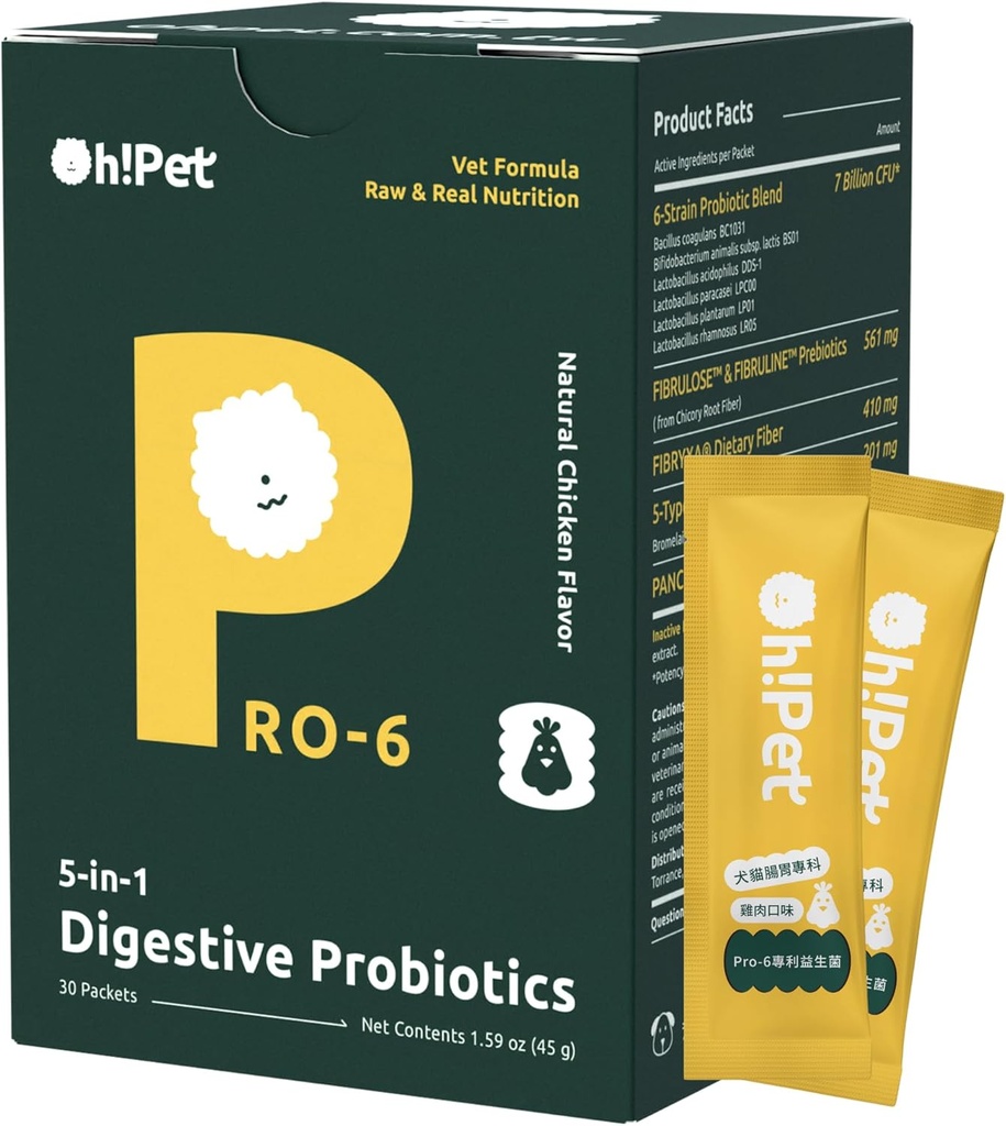 Oh! Pet® 5-in-1 seedetrakti probiootikumid - 7B CFU pulber koertele ja kassidele prebiootikumide ja ensüümidega (kana, 30 pakendit)
