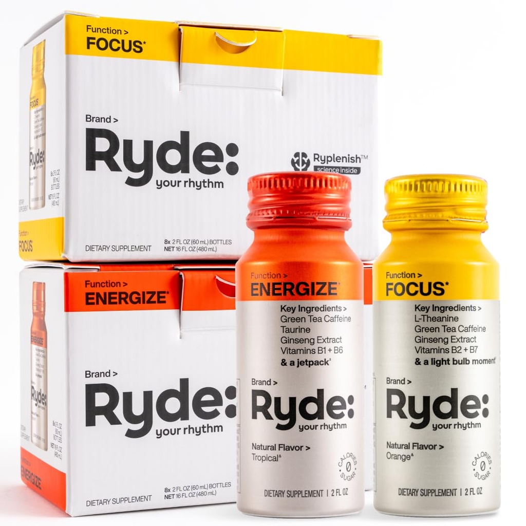 RYDE kaadrid | Energize + Focus | Essential B vitamiinid ja kofeiin | Zero Calories, Zero Sugar | Pack of 16