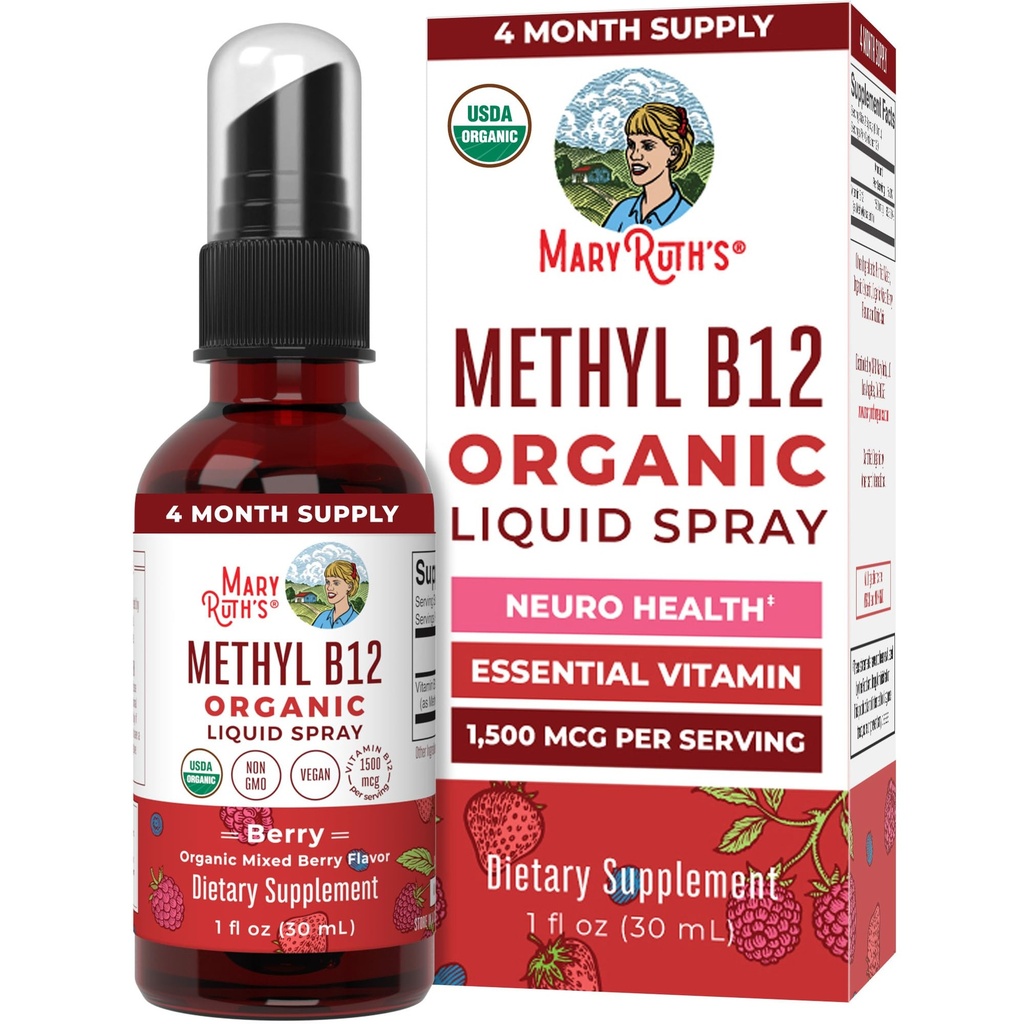 MaryRuth Organics Vitamiin B12 Vedel pihusti | Vegan, mitte-GMO, Gluteenivaba | USDA orgaaniline lisand | Energia ja närvisüsteemi tugi | B12 vitamiinid naistele ja meestele | 1500 mcg | 1 Fl Oz