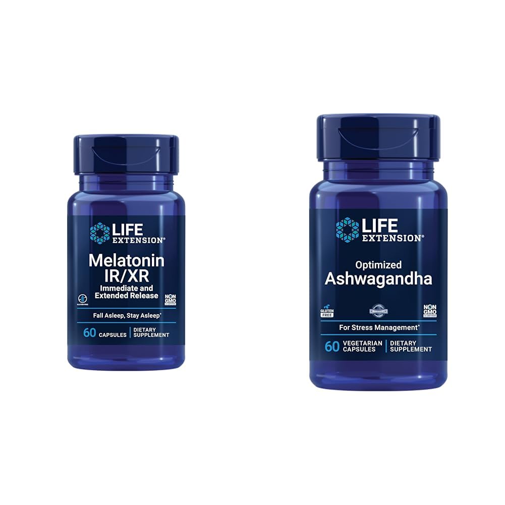 Elu pikendamine Melatoniin IR / XR & optimeeritud Ashwagandha - uni, stressi leevendamine, fookus, mälu - 60 kapslit