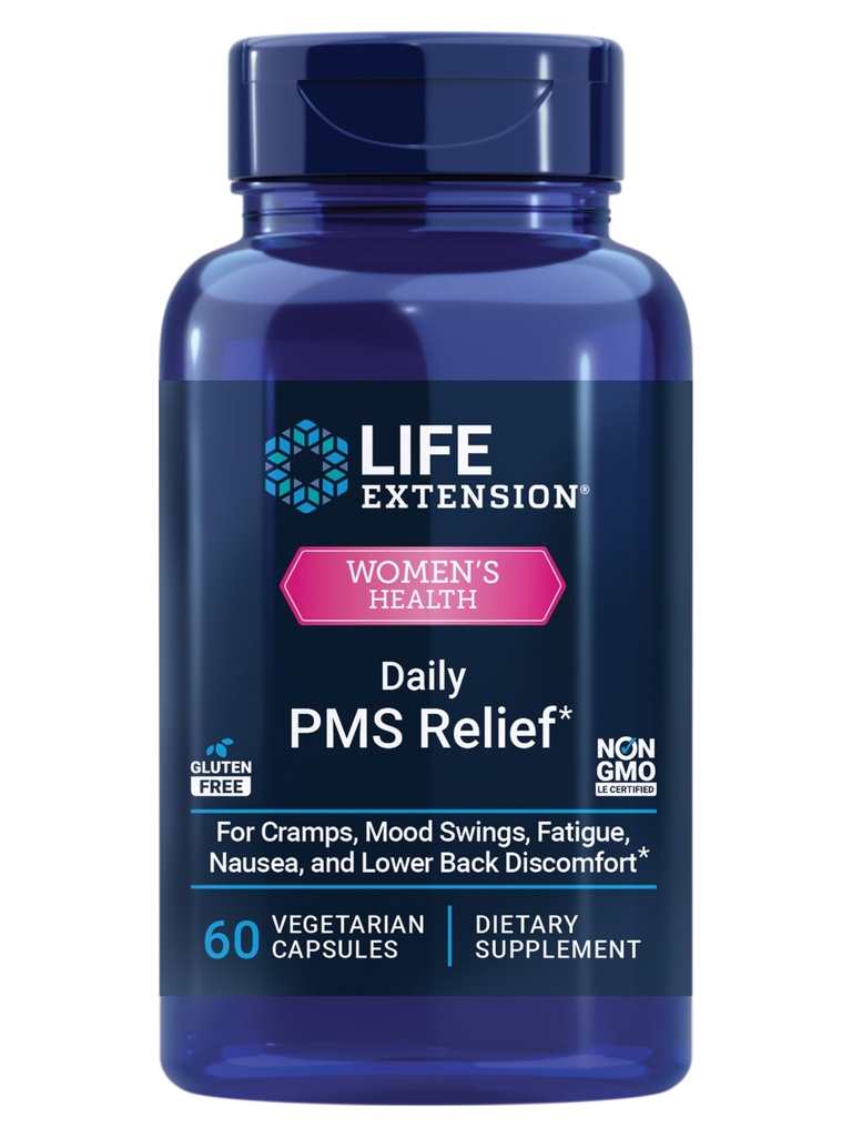Life Extension Daily PMS Relief, Menstruaalmugavuse täiendus, PMS-iga seotud krambid, alaselja ebamugavustunne, meeleolu, ingver, magneesium, B6, gluteenivaba, mitte-GMO, 60 kapslit