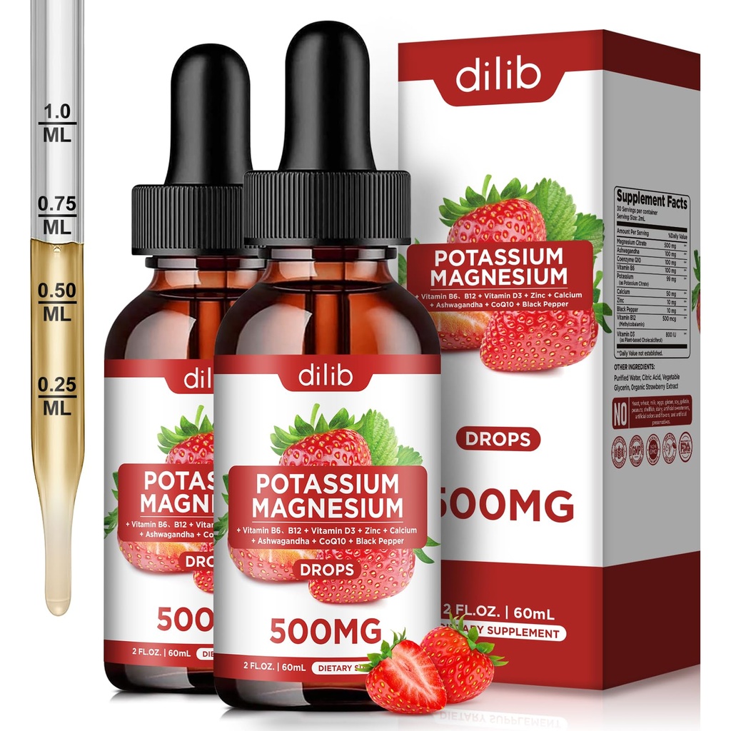 Kaaliummagneesiumtsitraadi lisand, vedel magneesiumtsitraat langeb 500 mg koos ashwagandha, kaltsiumi, tsingi, vitamiiniga D3, B6, B12, CoQ10 - tugi rahulikkus ja luud ja lihased ja immuuntervise Vegan 2 Pack