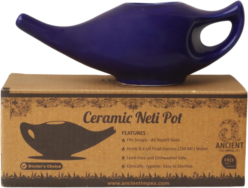 ANCIENT IMPEX Keraamiline Neti Pot 250 Ml (Violet) 5 kotikesega Neti Sool | Nasaalse pesu, siinuse leevendamise ja ninahügieeni looduslik abinõu | Ayurveda ninaniisutuspott