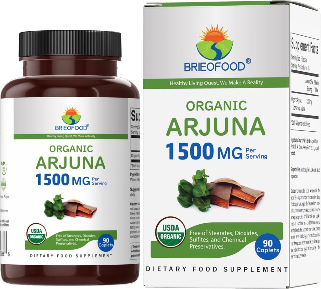 Brieofood Organic Arjuna 1500mg, 45 Servings, Taimetoitlane, Gluteenivaba, 90 Taimetoitlane Tablett