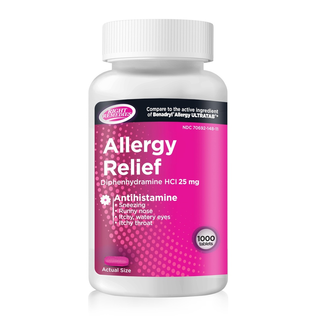 Allergia Relief Antihistamiin, Difenhüdramiin HCl 25mg, Generic Benadryl Ultratabs, Leevendab hooajalist siseruumides või välitingimustes ülemiste hingamisteede allergiat, 1000 Count