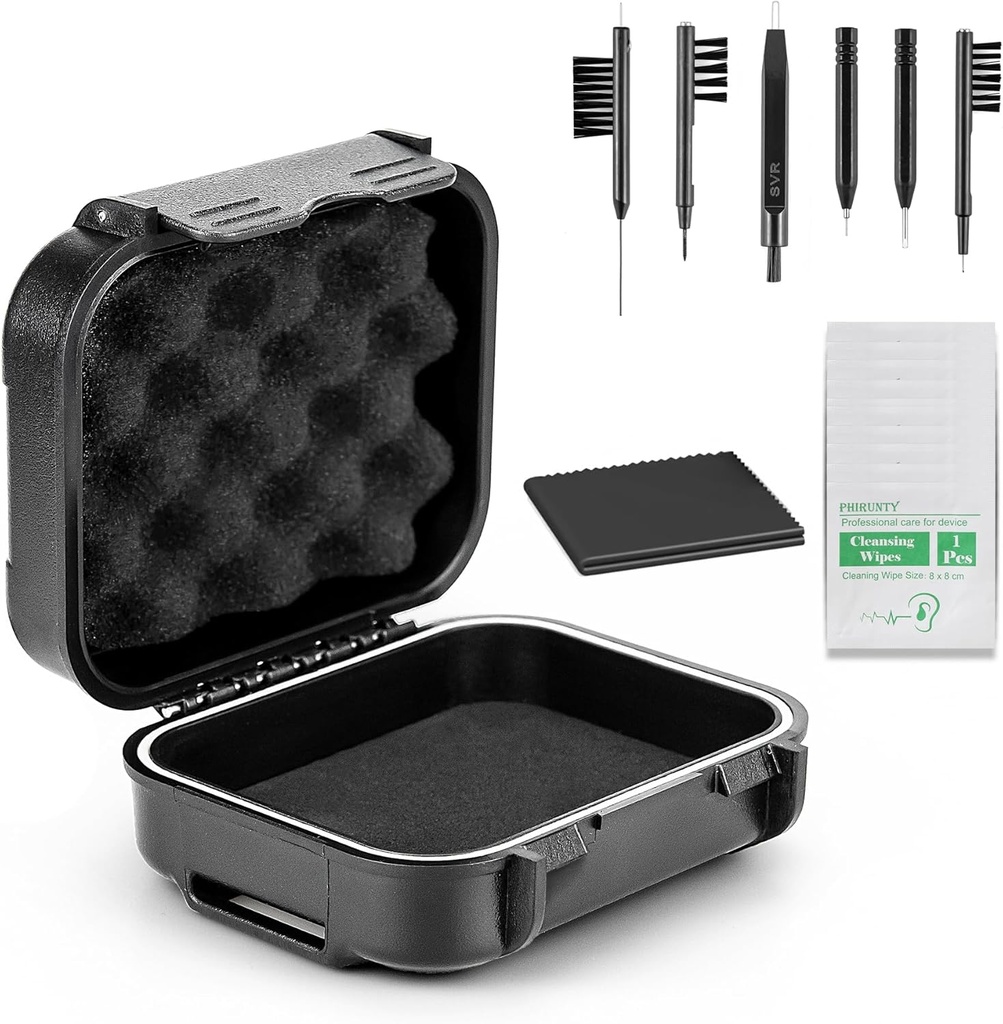 18 tükid Seadke kõrge tihendiga veekindel kuulmisabi ümbris väljatõmmatava käsna, Drop-Proof, Shock-Proof ja Crush-Proof Storage Box, kuulmisabi abivahendid koos puhastuskomplektidega