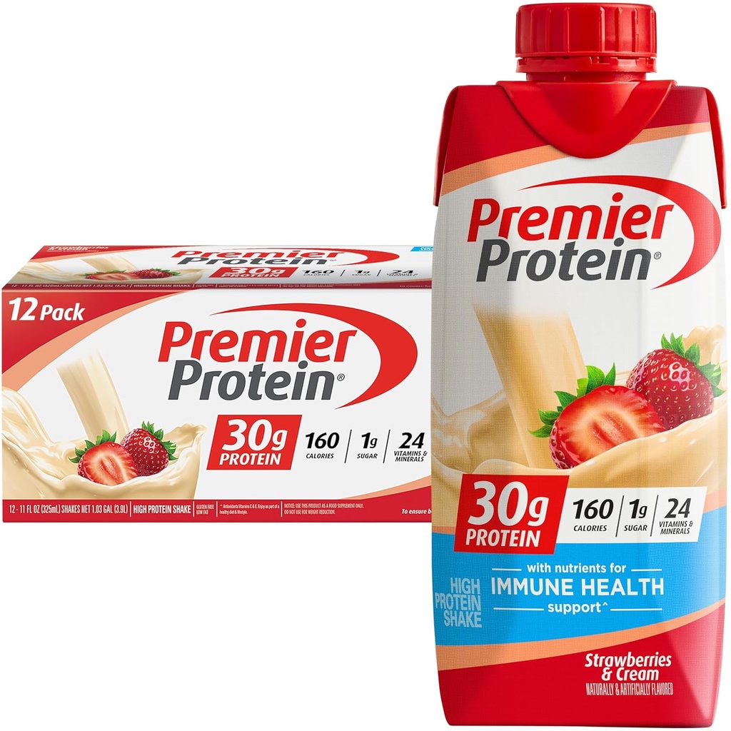 Premier Protein Shake, Strawberries & Cream, 30g Protein, 11 fl oz, Pack of 12 (pakendamine võib varieeruda)