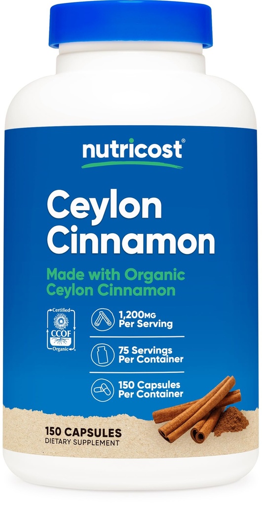 Nutricost Organic Cinnamon (Ceylon Cinnamon) 1200mg Serving, 150 kapslit - Gluteenivaba, Non-GMO