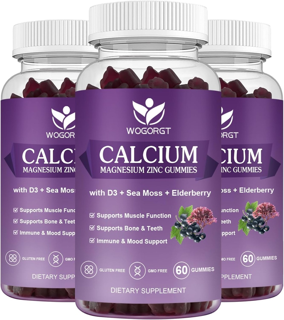 Kaltsium Magneesium Tsink Gummies vitamiin D3 - kõrge imendumiskompleks Kaltsiumilisa koos mere sammal, Elderberry luu, lihased, immuun-, meeleolu ja une tugi, Vegan - 60 Gummies (3 Pack)