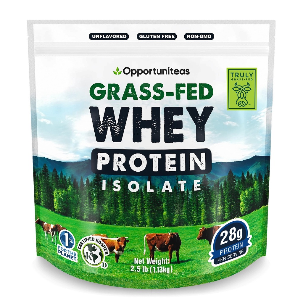 Opportuniteas Grass Fed Whey Isolaatvalgu pulber - maitsestamata 28 g valgupulber ilma kunstlike magusaineteta, hormoonivabad lehmad, mitte GMO - 2,5 lb
