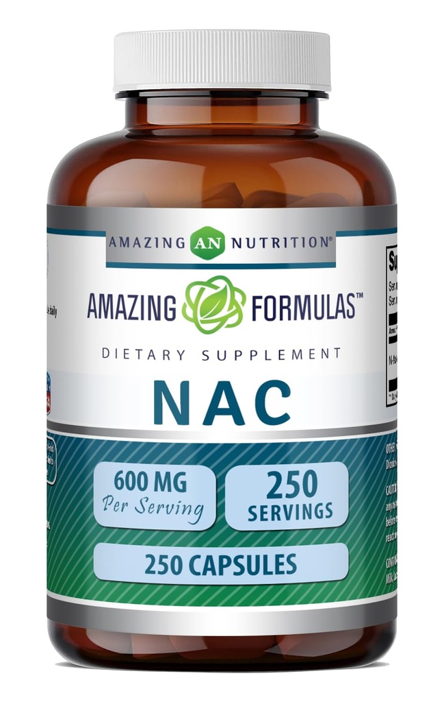 Amazing Formulas NAC (N-atsetüül-L-tsüsteiini) täiendus | 600 Mg ühe serveerimise kohta | 250 kapslit | Mitte-GMO | Gluteenivaba | Valmistatud USA-s