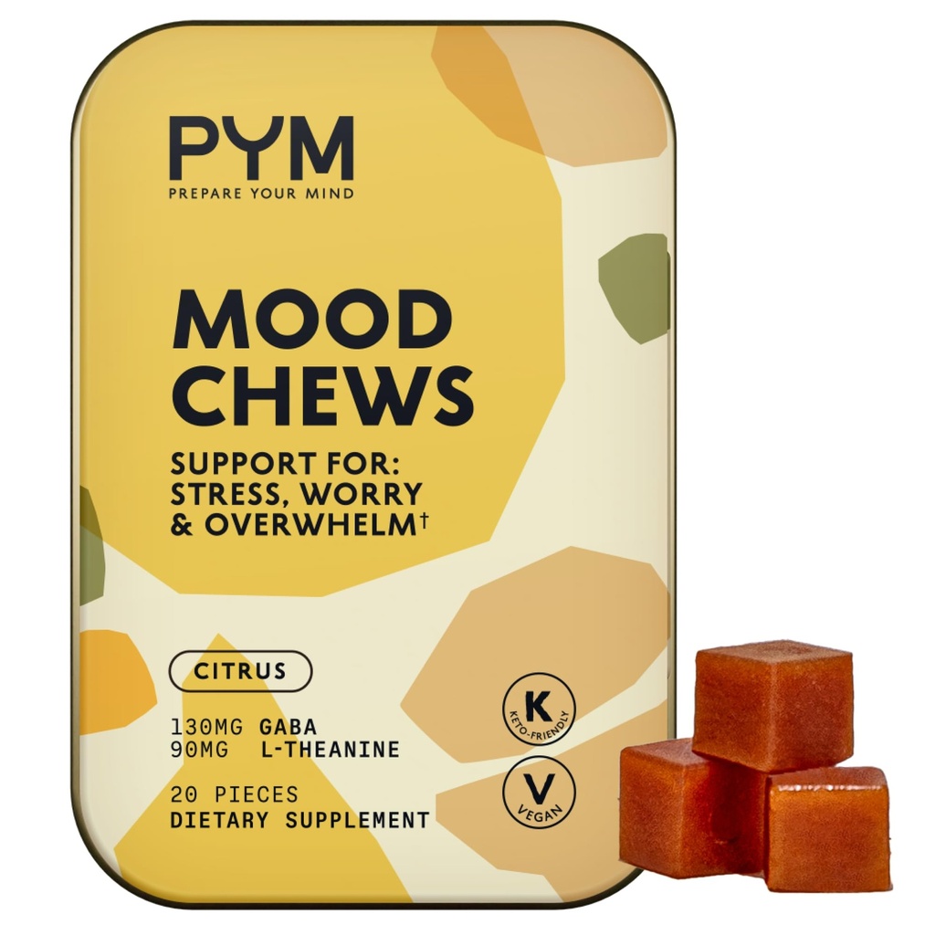 PYM Citrus Mood Chews Toetus Stress, Mure & Overwhelm, 20 Count | 130mg GABA, 90mg L-Theanine | Vegan, Non-GMO, Gluteenivaba, No Added Sugar | All Natural Mood Balance Supplement Made in USA