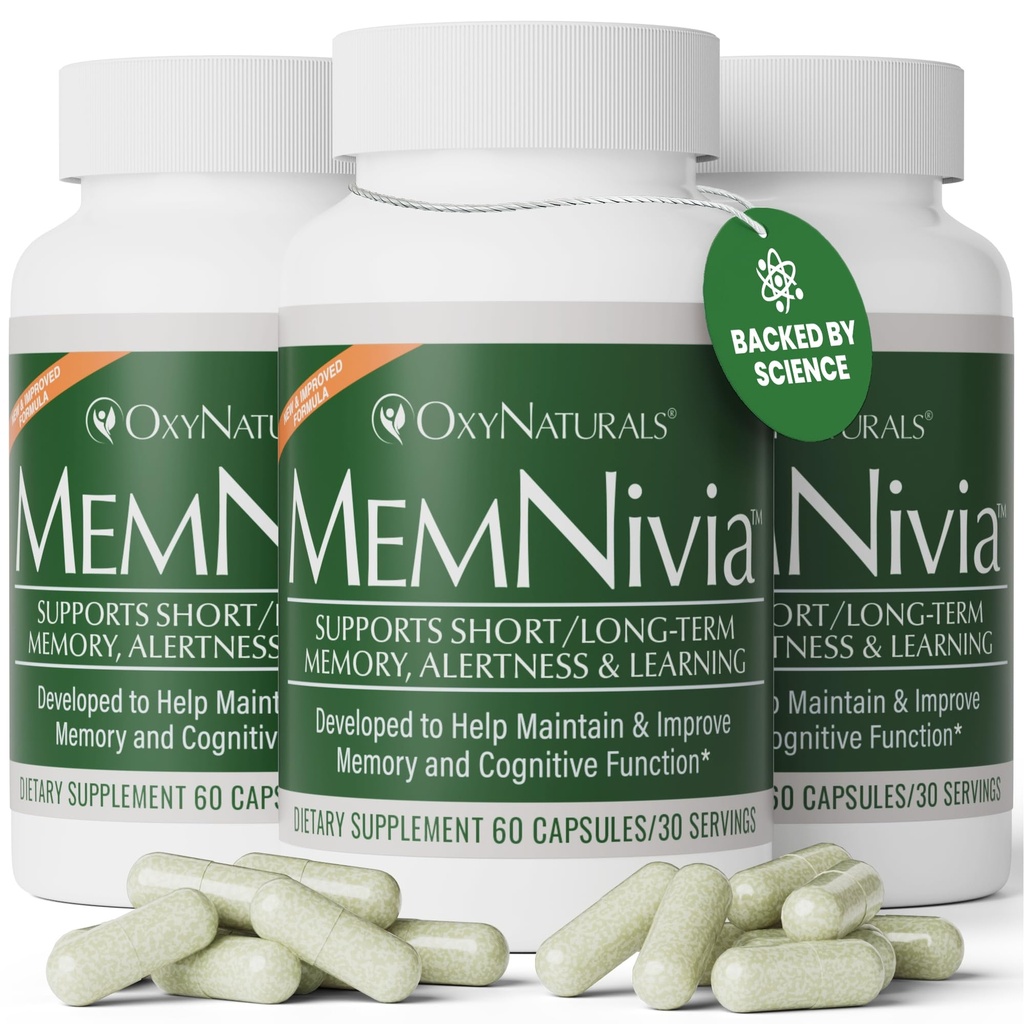 MemNivia Brain Supplements for Memory & Focus | Dual-Sage tüvirakkude valem Cognivia®, Bacopa, Holy Basil & Ginger | Kliiniliselt tõestatud vaimse selguse toetus | 180 kapslit (3 pudelit) | USA Made