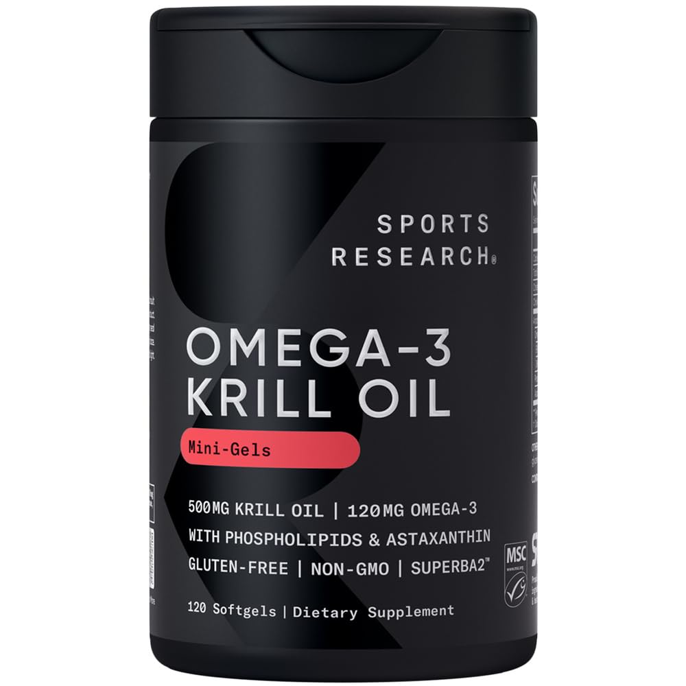 Sport Research Krill õli täiendus EPA & DHA Omega 3, fosfolipiidid ja astaksantiini Antarktika krill - kõrgeim kontsentratsioon Krill õli meestele ja naistele - 500mg, 120 Softgel kapslid