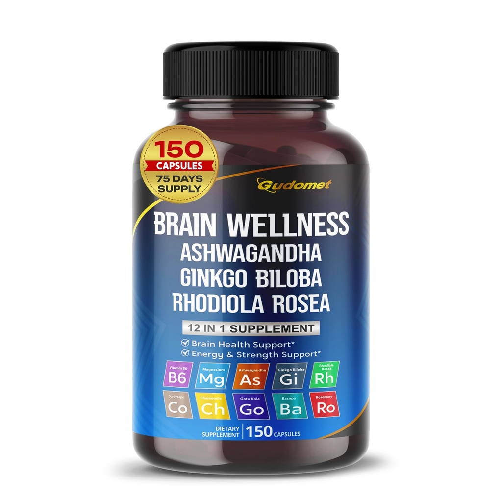 Aju heaolu Ginkgo Biloba Rhodiola Cordyceps Chamomile Ashwagandha Gotu Kola Bacopa Rosemary Püha Basil Black Pepper - 150 kapslit - valmistatud USA-s