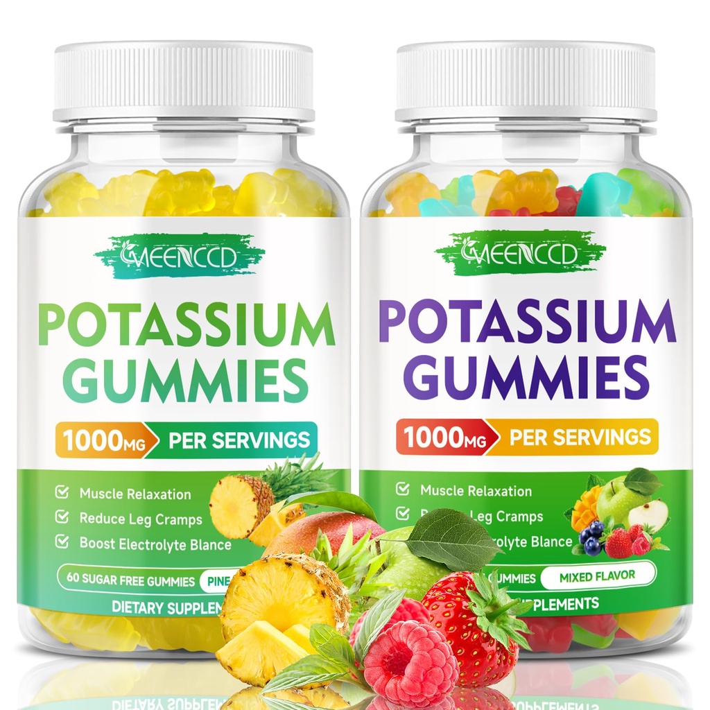Kaaliumtsitraatkummid 1000mg, kõrge potentsiga kaaliumilisandiga kummikommid täiskasvanutele naistele ja meestele, kaaliumkummid toetavad jalakrampe ja lihaste tervist, ananassi ja segatud puuviljamaitset