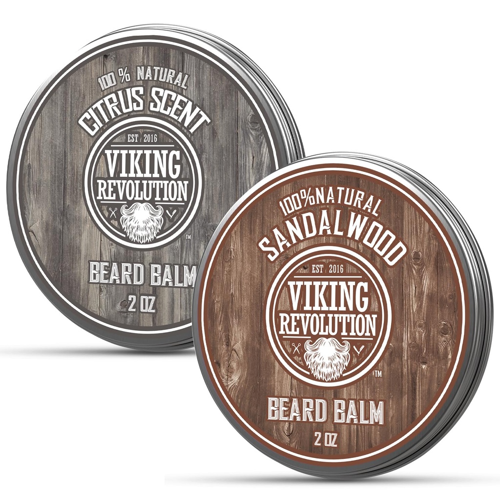 Viking Revolution Citrus ja Sandalwood Beard Balm - Argaaniaõliga või, jojobaõliga pehmendaja, mesilasvahaga niisutaja - mangovõiga meeste vaha (2oz, 2 Pack)