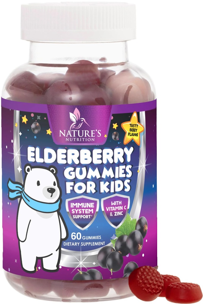 Lapsed Immune Support Elderberry Gummies - igapäevased laste vitamiinid C, tsink ja lapsed Immunity Support Gummy - Nature's Sambucus Elderberry Supplement, Vegan, Gluteenivaba, Maitsev Marjamaitse - 60 Gummies
