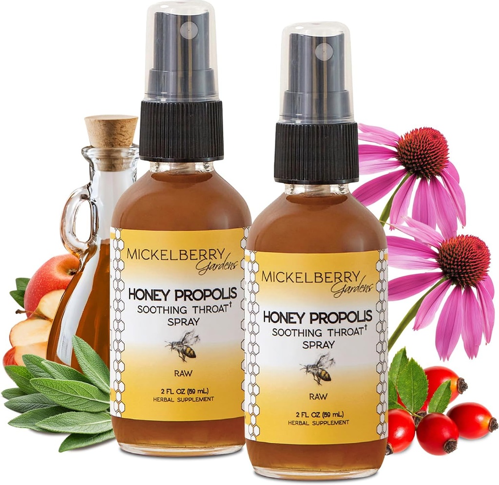Mickelberry Gardens Honey Propolis Throat Spray - rahustav valulik kurgu relief & Propolis Immune Support täiskasvanutele ja lastele - Taimne ja mesi valem (2 oz, 2 Pack)