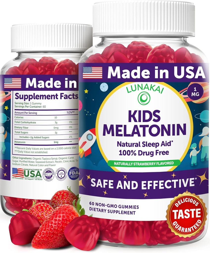 Lunakai USA Made Kids Melatonin Gummies 1mg - lastele ohutu ja looduslik uneabi 2+ - GMO-vaba, vegan - 60 krahv