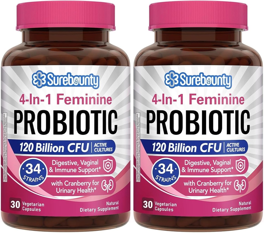 Probiootikumid naistele, 120 miljardit CFU 34 tüved, prebiootikumid, seedeensüümid, Jõhvikas, 4-in-1 naiselik probiootikum, seedetrakt, vaginaalne, immuuntoetus, 60ct (pakk 2)